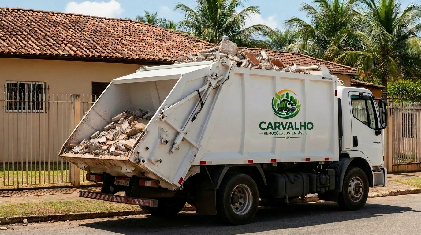 Equipe Carvalho Remoções uniformizada retirando entulho de residência com caminhão identificado